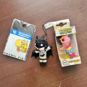 Bundle of DC Batman, Wonder Woman Thread Voodoo Dolls & Tweety Bird Pin